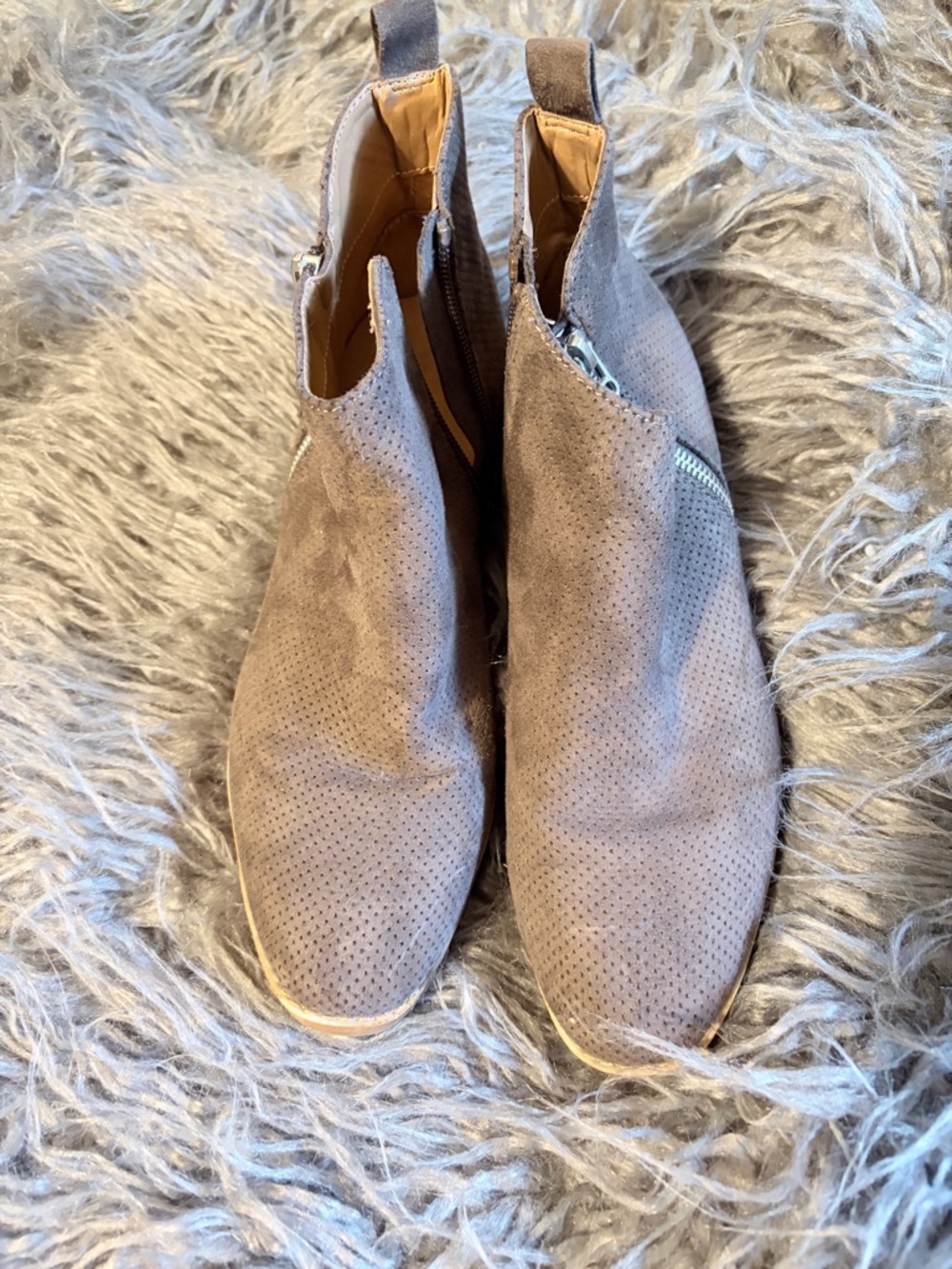 Perforated Taupe Suede Ankle Booties with Side Zip